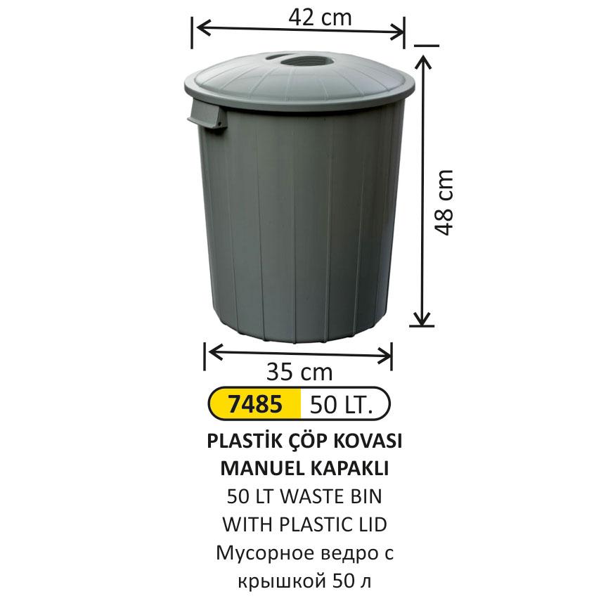 50 Litre Manual Kapaklı Plastik Çöp Kovası - 7485